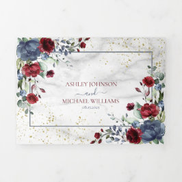 Light Dusty Blue Burgundy Floral Photo Wedding Drieluik Uitnodiging