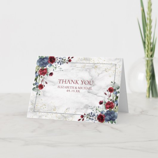 Light Dusty Blue Burgundy Floral Photo Wedding Kaart (Voorkant)