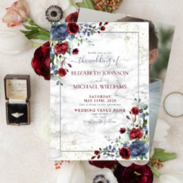 Light Dusty Blue Burgundy Floral Photo Wedding Kaart