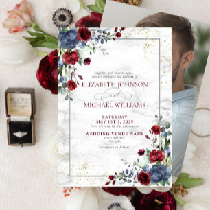 Light Dusty Blue Burgundy Floral Photo Wedding Kaart