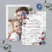 Light Dusty Blue Burgundy Floral Photo Wedding Kaart