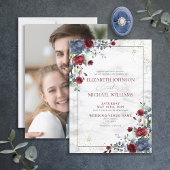 Light Dusty Blue Burgundy Floral Photo Wedding Kaart