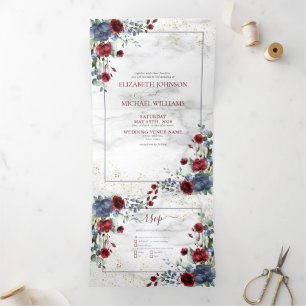 Light Dusty Blue Burgundy Floral Photo Wedding Tri Drieluik Uitnodiging