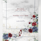Light Dusty Blue Burgundy Floral Wedding Drieluik Uitnodiging (Binnenkant midden)