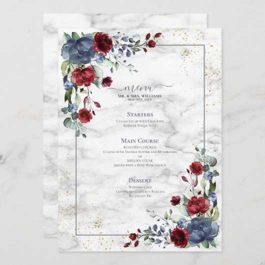 Light Dusty Blue Burgundy Floral Wedding Menu (Voorkant / Achterkant)