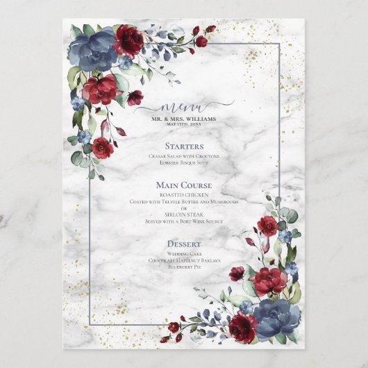 Light Dusty Blue Burgundy Floral Wedding Menu (Voorkant)