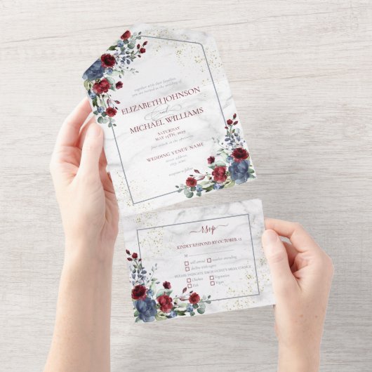 Light Dusty Blue Burgundy Gold Floral Wedding All In One Uitnodiging (Afscheurbaar)