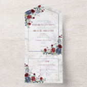 Light Dusty Blue Burgundy Gold Floral Wedding All In One Uitnodiging (Binnen)