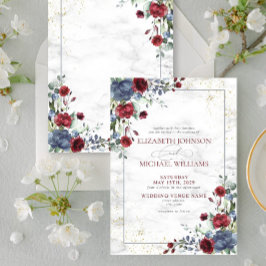 Light Dusty Blue Burgundy Gold Floral Wedding Kaart