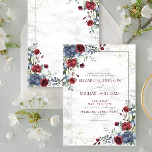 Light Dusty Blue Burgundy Gold Floral Wedding Kaart