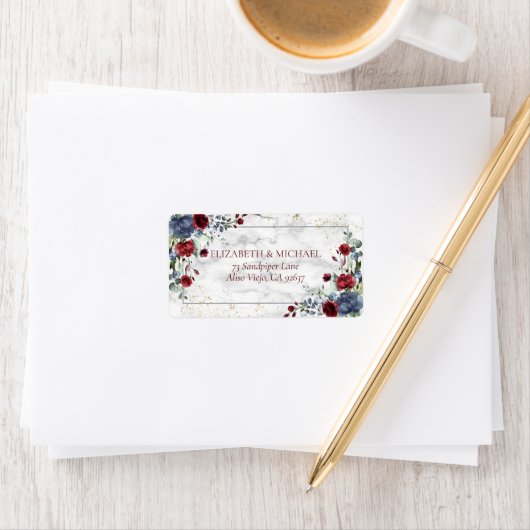 Light Dusty Blue Burgundy Gold Weddenschap Etiket (Insitu)