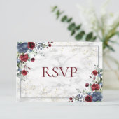 Light Dusty Blue Burgundy Gold Wedding RSVP Kaartje (Staand voorkant)