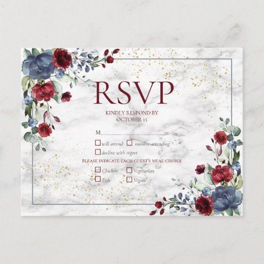 Light Dusty Blue Burgundy Gold Wedding RSVP Uitnodiging Briefkaart (Voorkant)