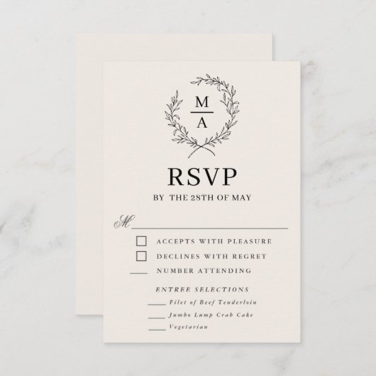 Light Ecru Simple Elegant Monogram RSVP en Medium (Voorkant / Achterkant)