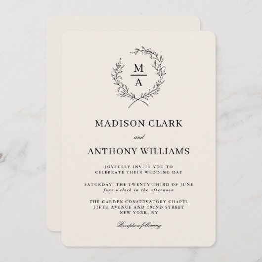 Light Ecru Simple Elegant Monogram Weddenschap Kaart (Voorkant / Achterkant)