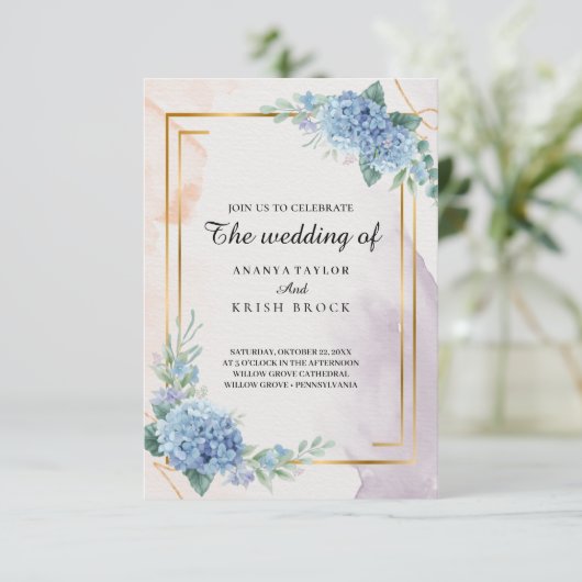 Light Elegant Blue Floral Wedding Kaart (Staand voorkant)