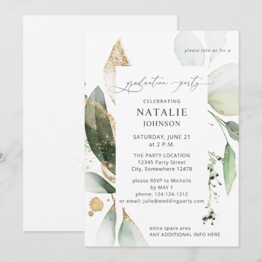 Light Eucalyptus Glow Gold Graduparty Kaart (Voorkant / Achterkant)