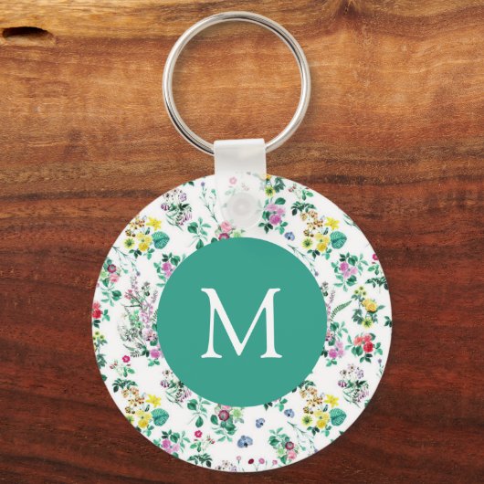 Light Floral Pattern Teal Monogram Sleutelhanger (Voorkant)