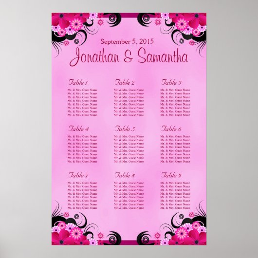 Light Fuchsia Floral Wedding 9 Table Seating Chart Poster (Voorkant)