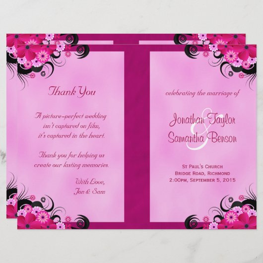 Light Fuchsia Floral Wedding Program Sjablonen (Voorkant / Achterkant)