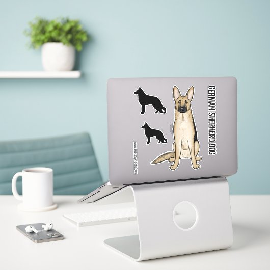 Light German Shepherd Cartoon Dog en Silhouettes Sticker (Laptop op bureau)