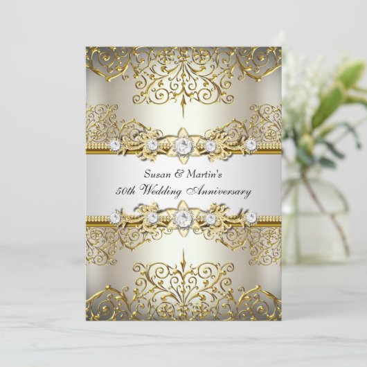 Light Gold Floral Swirl 50th Wedding Jubileum Kaart (Staand voorkant)