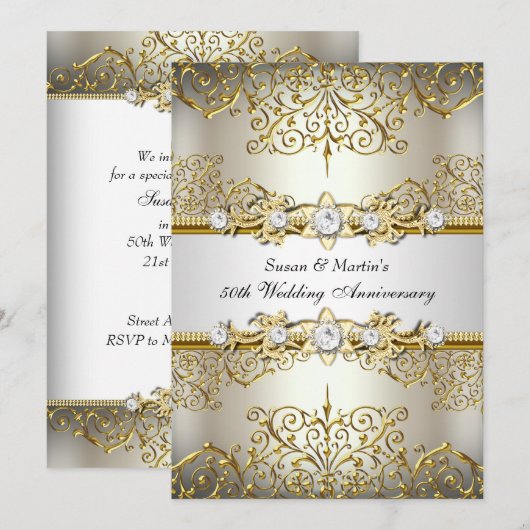 Light Gold Floral Swirl 50th Wedding Jubileum Kaart (Voorkant / Achterkant)