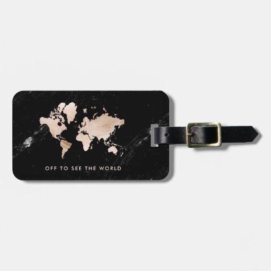 Light Gold-Wereldkaart op zwarte marmer Bagagelabel (Voorkant horizontaal)