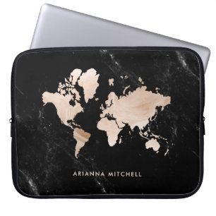 Light Gold-Wereldkaart op zwarte marmer Laptop Sleeve