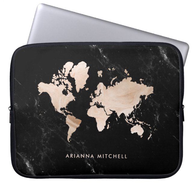 Light Gold-Wereldkaart op zwarte marmer Laptop Sleeve (Voorkant)
