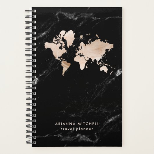 Light Gold-Wereldkaart op zwarte marmer Planner (Voorkant)