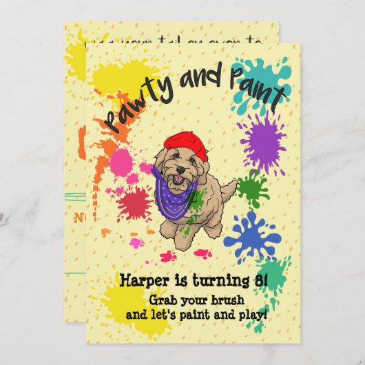 Light Goldendole Dog Art Birthday Party Invite Kaart (Voorkant / Achterkant)