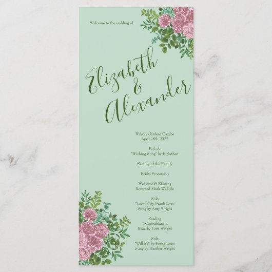 Light Green & Bleek Pink Peony Roos Floral Program Menu (Voorkant)
