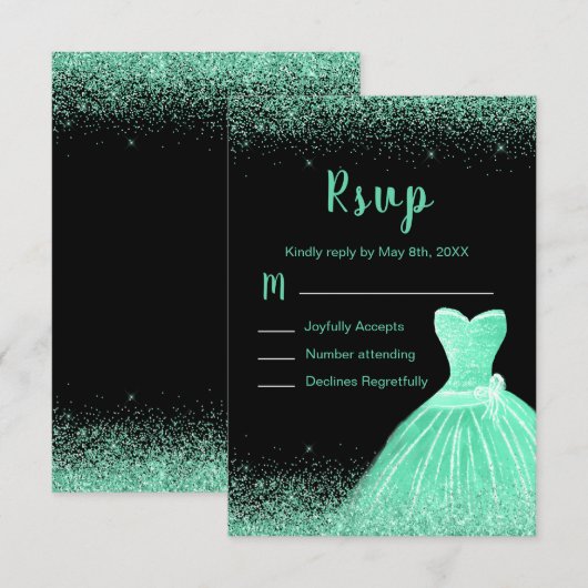 Light Green Dress Faux Glitter Sweet 16 Birthday RSVP Kaartje (Voorkant / Achterkant)