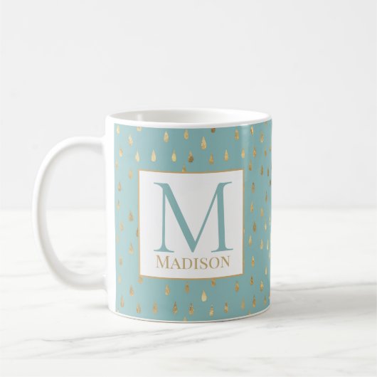 Light Green Gold Raindrop Modern Trendy Monogram Koffiemok (Links)