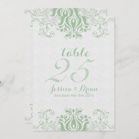 Light Green Lace & White Wedding Table Number 2 Kaart (Voorkant / Achterkant)
