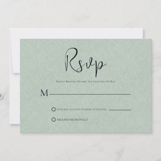 Light Green Linen Simple Black Script RSVP-kaart Kaart (Voorkant)