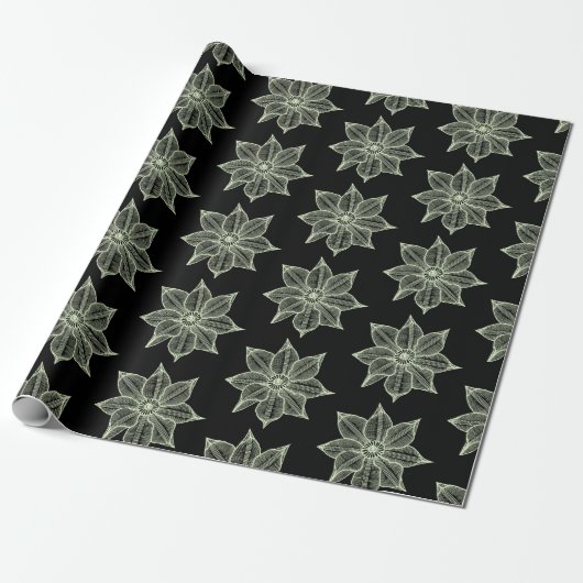 Light Green op Black Sketchy Flowers Cadeaupapier (Uitgerold)