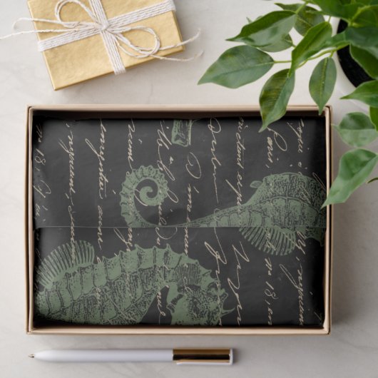 Light Green Seapaarden op Black Decoupage Tissuepapier (Geschenk)