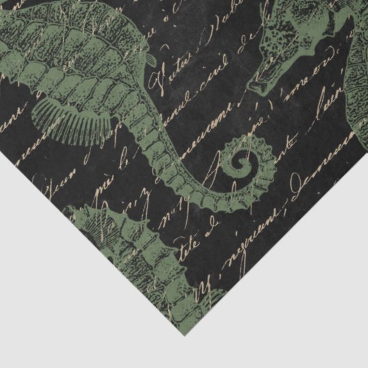 Light Green Seapaarden op Black Decoupage Tissuepapier (Detail)