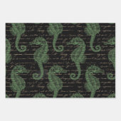 Light Green Seapaarden op Black Inpakpapier Vel (Voorkant 2)