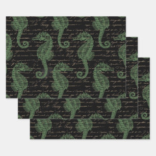 Light Green Seapaarden op Black Inpakpapier Vel