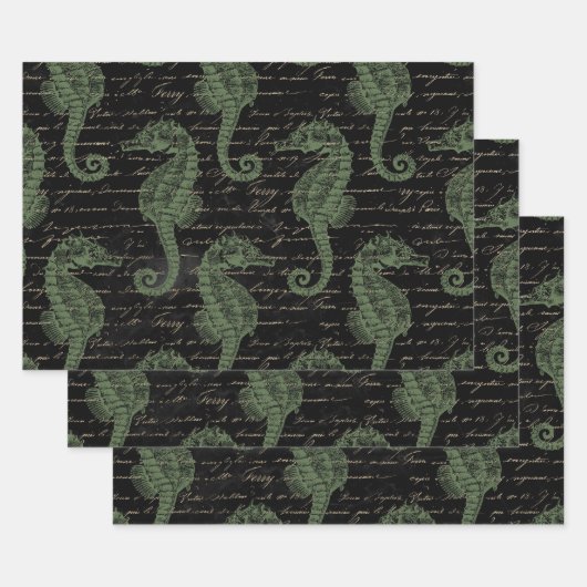 Light Green Seapaarden op Black Inpakpapier Vel (Set)