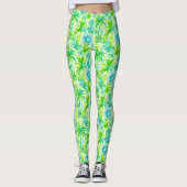 Light Green Tropical Palm and Blue Sun Print Leggings (Voorkant)