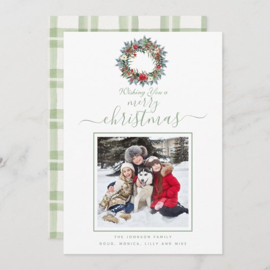 Light Green Waterverf Pset Merry-kerstfoto Feestdagenkaart (Voorkant / Achterkant)