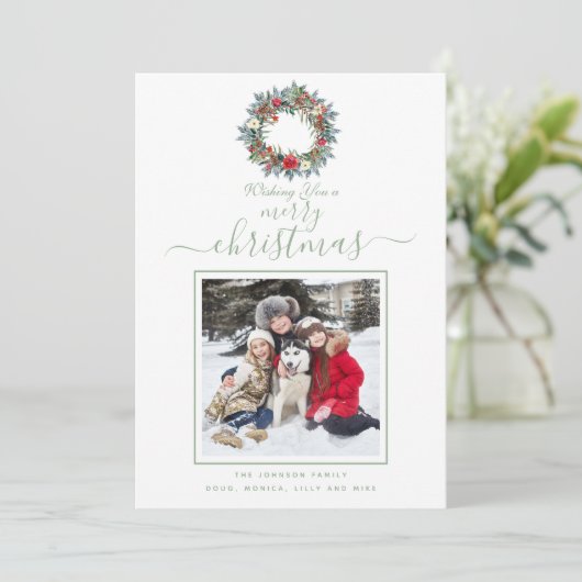 Light Green Waterverf Pset Merry-kerstfoto Feestdagenkaart (Staand voorkant)