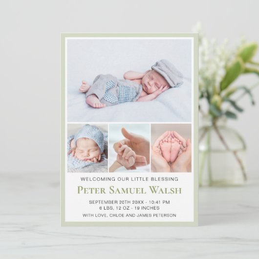 Light Green Welcome Little Man Baby Boy Birth Aankondiging (Staand voorkant)