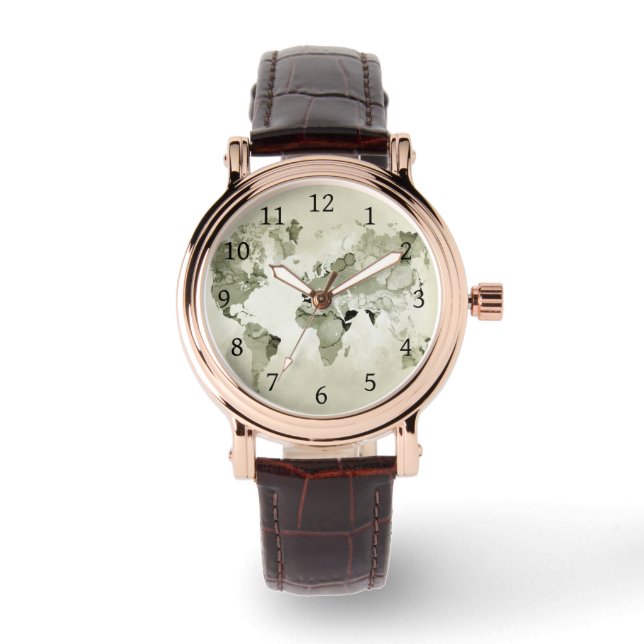 Light Green Wereldkaart Design 123 Horloge (Voorkant)