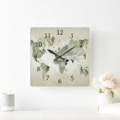 Light Green Wereldkaart Design 123 Vierkante Klok (Huis)