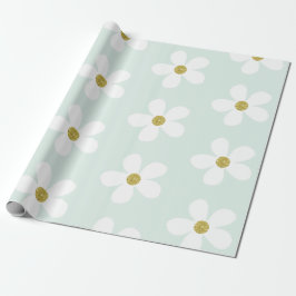 Light Green White Simple Daisy Gold Cadeaupapier